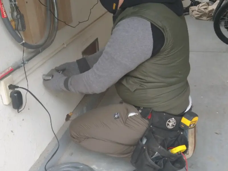 Electrician performing outlet wiring in a Skaneateles garage